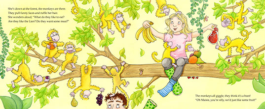 Children's book Feeding time at the Zoo Maisie in a tree with monkey's