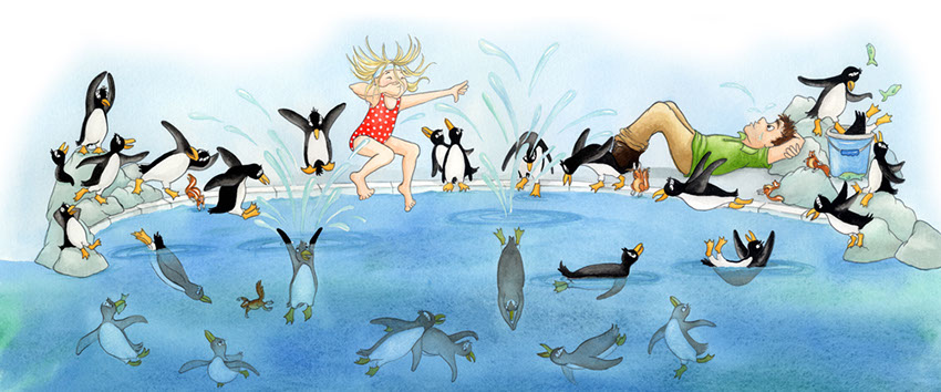 Masie swimming in the pool with the penquins in the childrens book Fun and Games in the Zoo by KAMA publishing